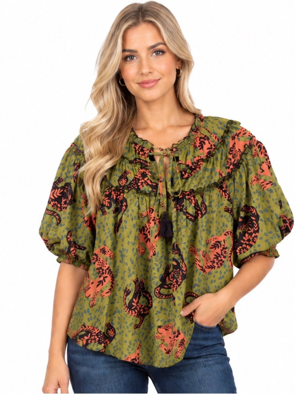 Olive Green Floral Print Peasant Blouse with Tie Tassels
